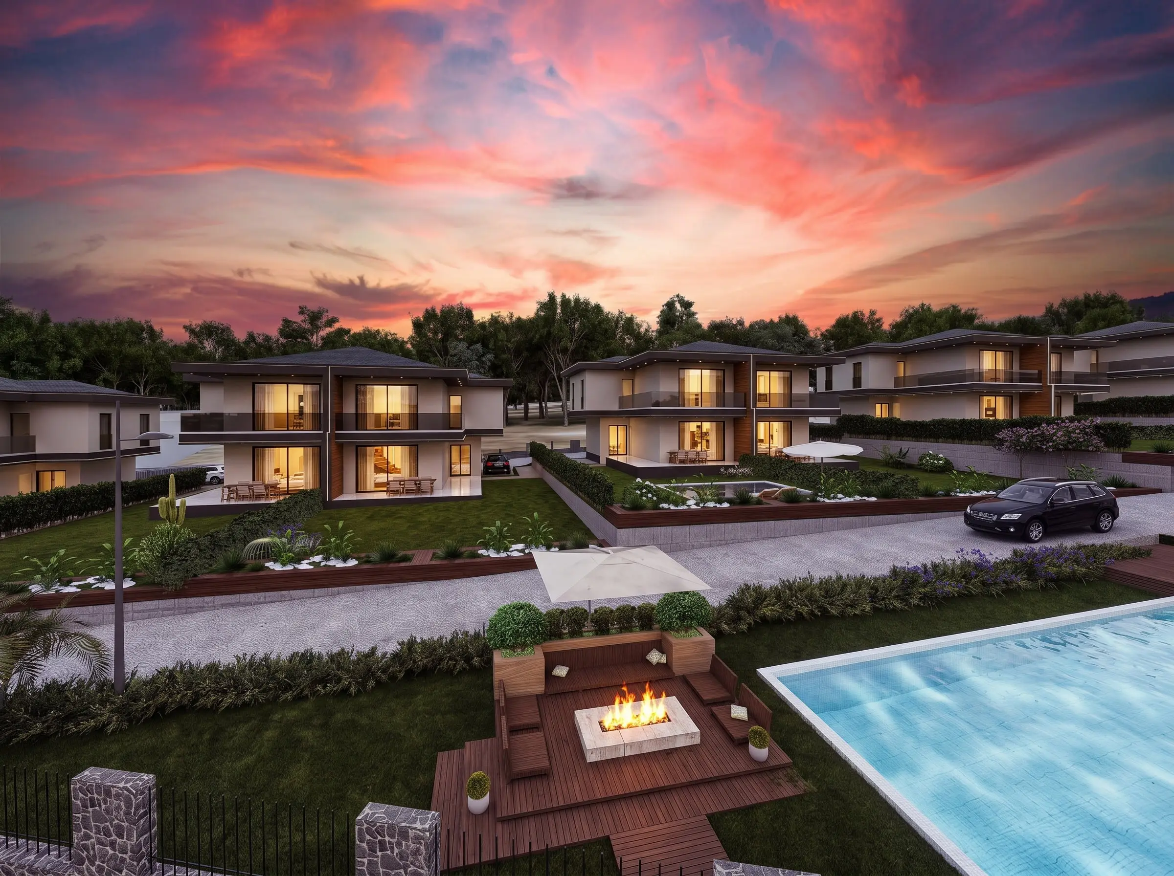 Villa bahçesinde havuz ve ateş çukuru, gün batımı