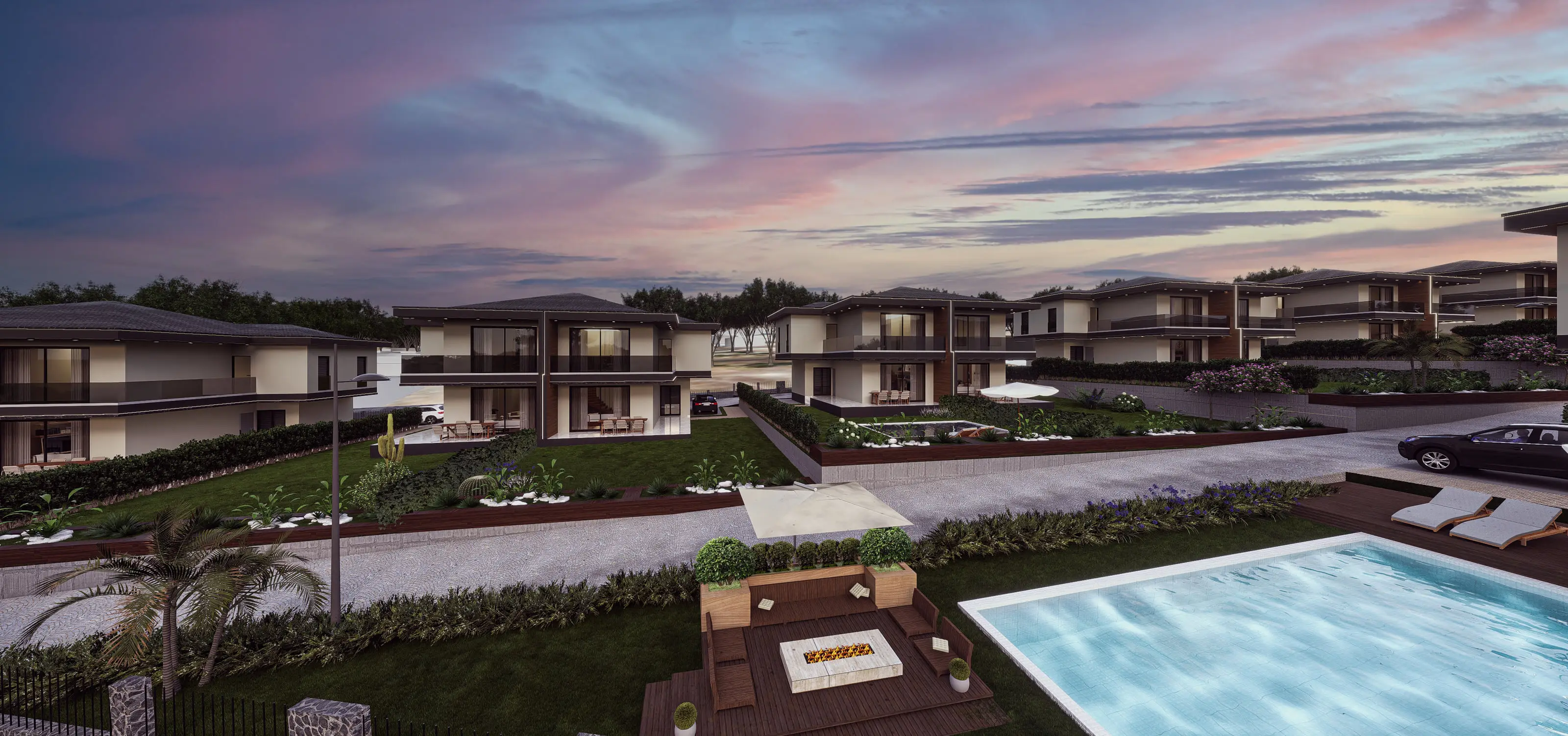Vadi Bağyolu villa sitesinin gün batımında panoramik görseli