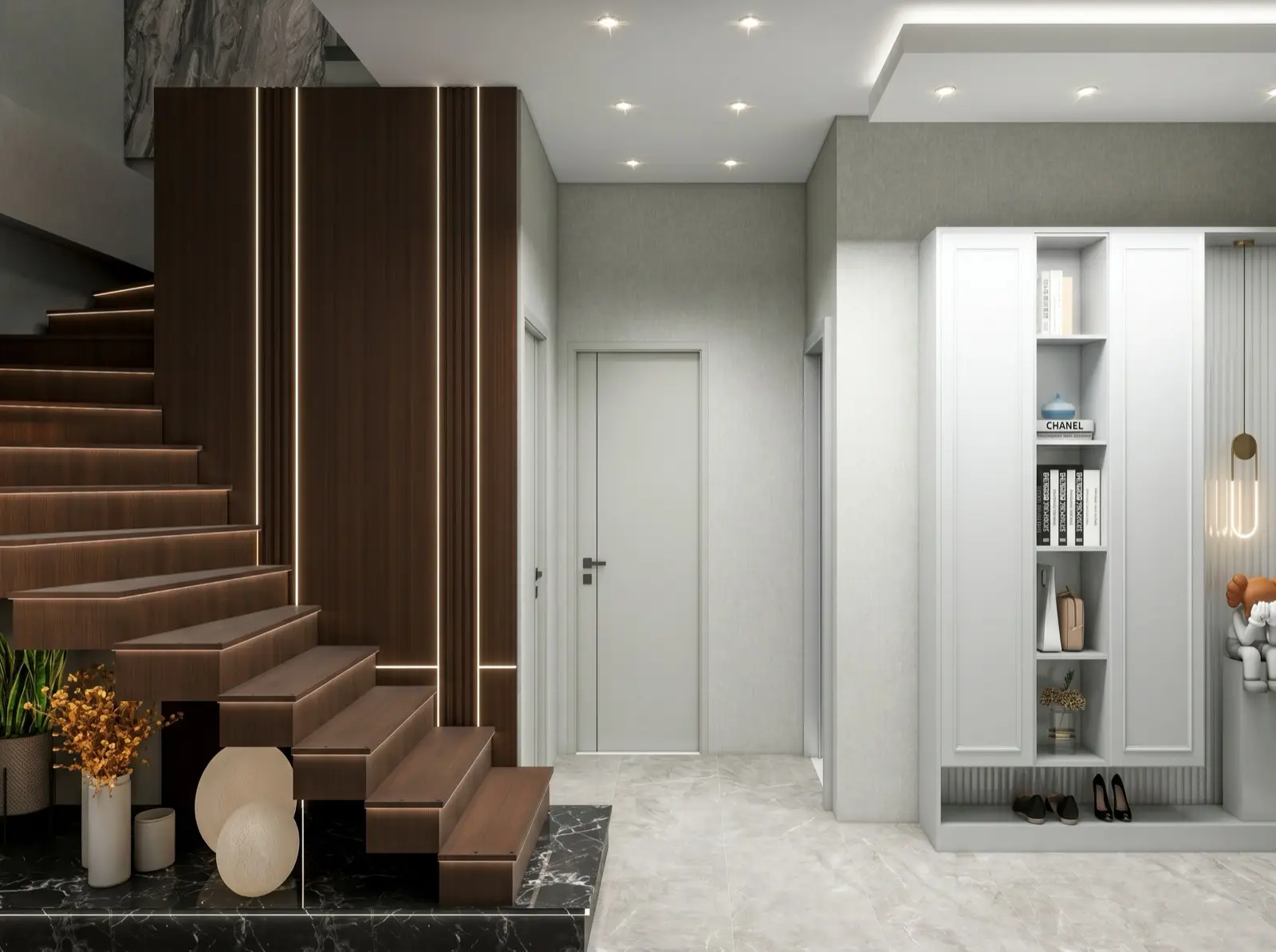 Modern konut iç mekânı, merdiven ve giriş holü tasarımı