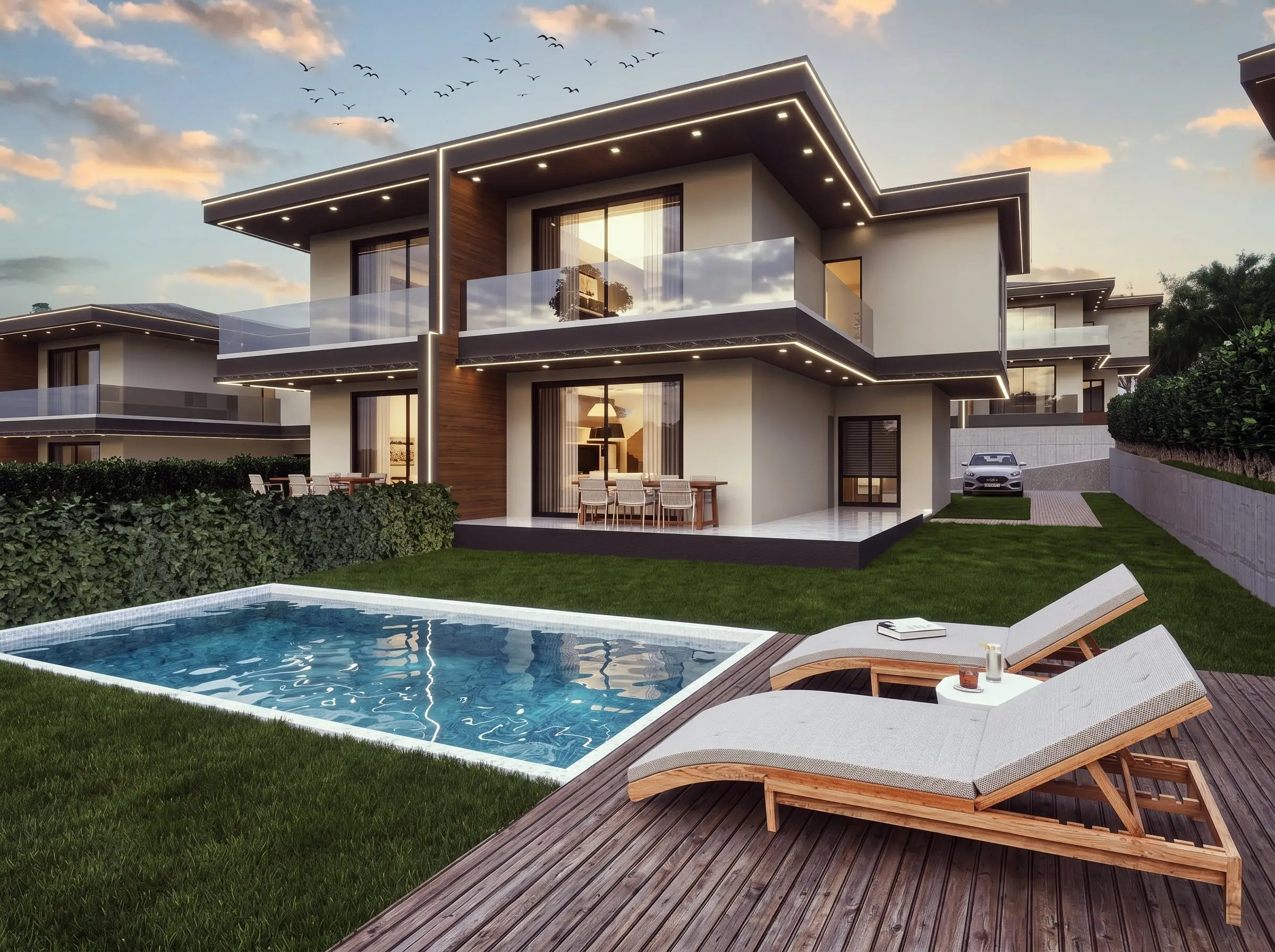 Akşam saatinde aydınlatılmış modern villa cephesi